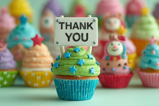 Colorful assortment of whimsical cupcakes with 'Thank You' sentiment express gratitude