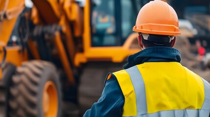 Construction worker observing heavy machinery at a busy site, surrounded by equipment and materials