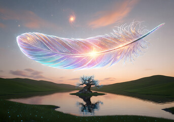 A stunning fantasy landscape of a rainbow and a lone tree at sunset under a bright, colorful sky with green northern lights