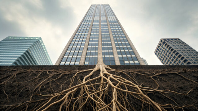 Rebuilding business with strong foundation and deep root system for growth. This low angle view of skyscraper symbolizes corporate stability and powerful structure