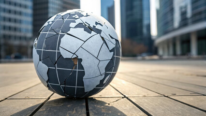 Fragmented globe on city plaza represents challenge of global business and hope of rebuilding fractured world economy in modern financial district