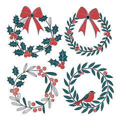 Flat Vector Christmas Wreath Set | Holiday Greenery Illustration Collection