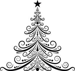 Elegant black and white swirling Christmas tree vector illustration with decorative curls, festive star, and ornamental design for holiday greeting cards