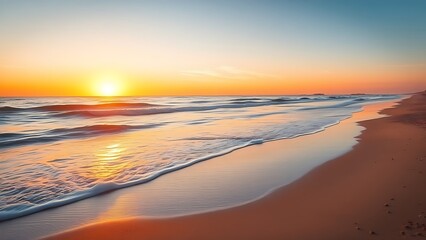 Tranquil beach sunset with gentle waves, offering a peaceful and scenic escape.