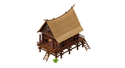 traditional elevated house isometric 3d model of island home, isolated on transparent background