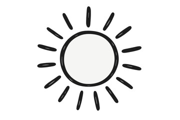 Hand-drawn sun doodle icon. Simple black sketch, cartoon vector illustration. Summer sunshine symbol, sunny weather sign. Minimalist graphic design element, isolated.