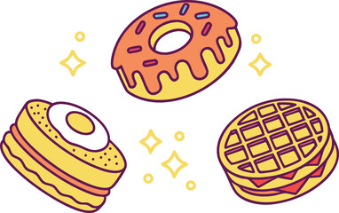 Whimsical Cartoon Breakfast Foods: Donut, Waffle Sandwich, and Egg Sandwich vector Illustration