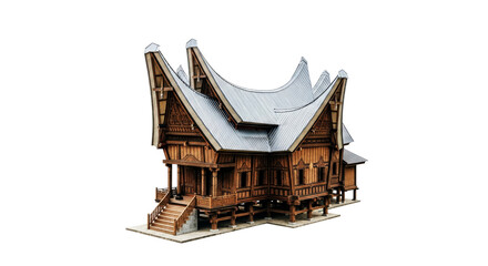 traditional indonesian rumah gadang 3d model of exquisite wooden architecture, isolated on transparent background