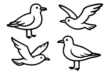 Seagull bird outline vector set. Cute cartoon birds. Flying and standing sea gulls line art. Simple black and white icons. Coastal marine wildlife. Beach nature illustration.