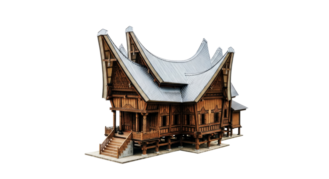 traditional indonesian rumah gadang 3d model of exquisite wooden architecture, isolated on transparent background