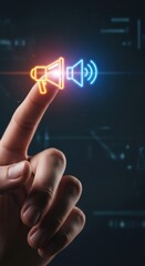 Hand touching a digital megaphone icon on a dark background.