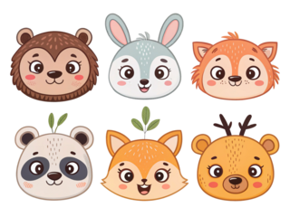 Collection of cute animal faces in hand-drawn cartoon style with playful expressions, isolated transparent background.
