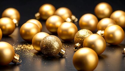 Sparkling Gold Christmas Ornaments on Black Background
