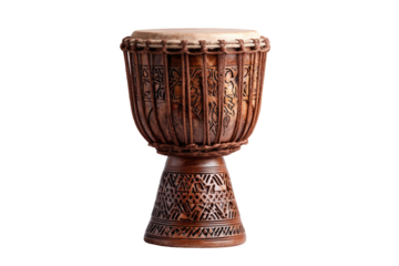 Carved wooden drum, brown, intricate designs