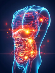 Glowing neon illustration of human digestive system anatomy, highlighting intestines and stomach with vibrant colors. image conveys futuristic and educational feel
