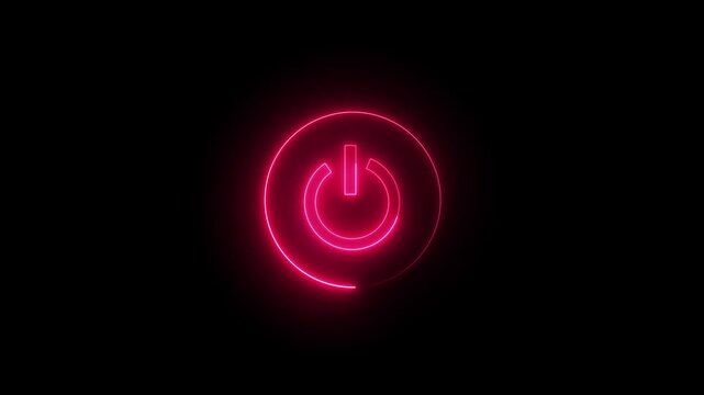 Neon glowing power button icon animated on a black background ,The appearance of the neon symbol power off ,alpha channel Premultiplied.