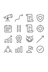 Mission Purpose icons in minimalistic line art style: telescope vision, path arrow, mission scroll, ethical shield, calendar icon, ladder steps,