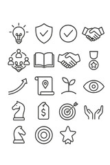 Innovation and Integrity icons in minimalistic line art style: idea bulb, ethical shield, verified check, respect hands, diversity circle, open book,