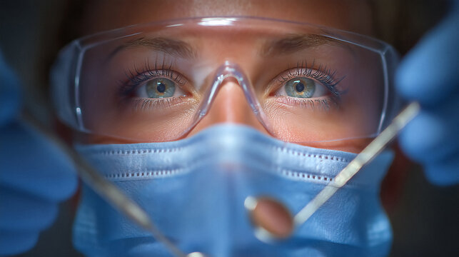 Focused medical professional with bright eyes wearing protective gear and mask prepares for procedure