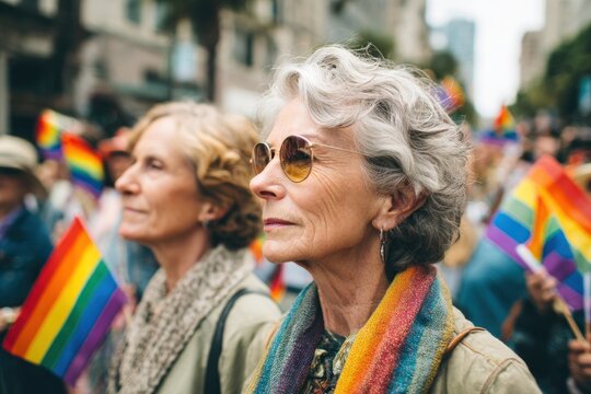 During the vibrant LGBTQ parade, mature women proudly display colorful flags, embodying solidarity and unity, as they join the celebration in the bustling city