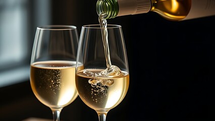 Two glasses of white wine being elegantly poured, capturing a moment of sophistication and relaxation.