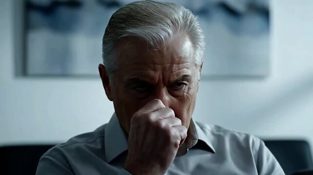 Dramatic Close Up of Stressed Senior Business Man Contemplating Serious Problems with Worried Expression Pensive Elder Male Thinking Deeply About Difficult Deci