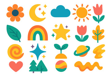 Colorful flat icon set. Abstract nature elements, celestial doodle, whimsical shapes. Modern cartoon vector symbols. Sun, flower, moon, star, rainbow, leaf, heart icons.