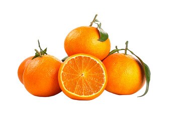 Freshly Harvested Oranges with Leaves Isolated on White Background