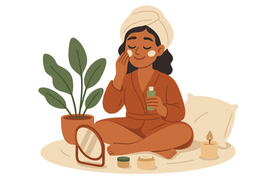 Woman enjoying home spa day with beauty products. Skincare routine concept. Girl in bathrobe applying face cream for healthy skin. Self care, wellness and relaxation vector illustration.
