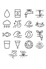 Water Conservation icons in minimalistic line art style: water drop, rain barrel, faucet, sprinkler, cloud rain, clean river, wave, pond, fish, ocean