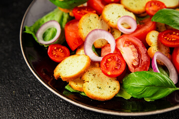 Panzanella salad tomato, croutons, onions vegetables dish natural product tasty snack fresh delicious gourmet food background on the table rustic top view copy space