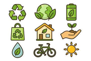 Eco friendly vector icon set. Sustainability and green energy concepts. Ecology and environment protection cartoon illustration. Recycle, planet, solar power, nature symbols.