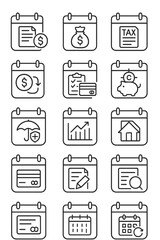Finance Calendar icons in minimalistic line art style: bill due date, salary reminder, tax deadline, invoice date, loan repayment, budget review,