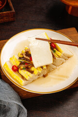 Steamed Fish Cake with Vegetables and Mushrooms on White Plate Asian Cuisine