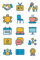 Networking Events icons in modern flat vector style in minimalistic vibrant color design: handshake icon, name badge, microphone, presentation board,
