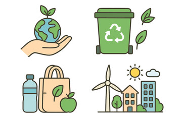 Sustainability icon set illustrating eco-friendly practices and environmental awareness. Vector concepts of green energy, recycling, planet conservation, and sustainable city life.