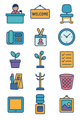 Reception Area icons in modern flat vector style in minimalistic vibrant color design: reception desk, welcome sign, visitor badge, seating chair,
