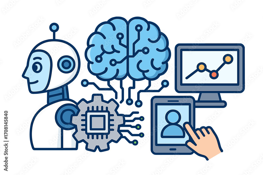 Poster artificial intelligence and machine learning concept. robot head, brain, data analysis chart, and pr