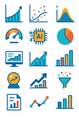 Predictive Data icons in modern flat vector style in minimalistic vibrant color design: forecast line, regression curve, scatter plot, probability