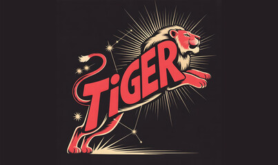 Leaping Lion with ‘TIGER’ Typography – Celestial Vintage Illustration. lion, leaping lion, stylized lion, tiger typography, cosmic lion, 