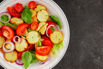 Panzanella salad tomato, croutons, onions vegetables dish natural product tasty snack fresh delicious gourmet food background on the table rustic top view copy space