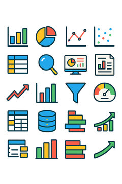 Data Analysis icons in modern flat vector style in minimalistic vibrant color design: bar chart, pie chart, line graph, scatter plot, data table,