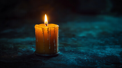 Halloween, one burning candle in a vintage candlestick, dark gloomy background, minimalistic place for text.