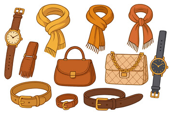 Set of stylish autumn fashion accessories. Cartoon vector illustrations collection with watch, handbag, scarf and belt. Isolated personal items for elegant fall style design.