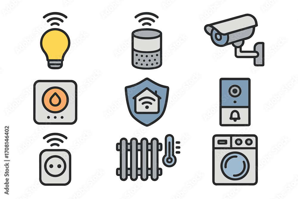 Poster smart home icon set. vector illustrations of iot devices for a home automation system. internet of t