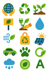 Environmental Awareness icons in modern flat vector style in minimalistic vibrant color design: globe hands, eco sign, recycling arrows, plant sprout,