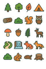Obraz premium Forest Conservation icons in modern flat vector style in minimalistic vibrant color design: pine tree, oak tree, fallen leaf, camping tent, log icon,