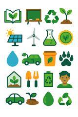 Eco Education icons in modern flat vector style in minimalistic vibrant color design: open book leaf, chalkboard icon, recycling arrows, plant sprout,