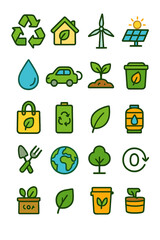 Ecology and Sustainability icons in modern flat vector style in minimalistic vibrant color design: recycling symbol, eco house, wind turbine, solar