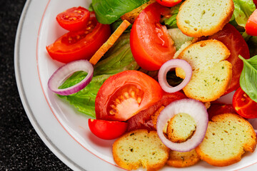 Panzanella salad tomato, croutons, onions vegetables dish natural product tasty snack fresh delicious gourmet food background on the table rustic top view copy space